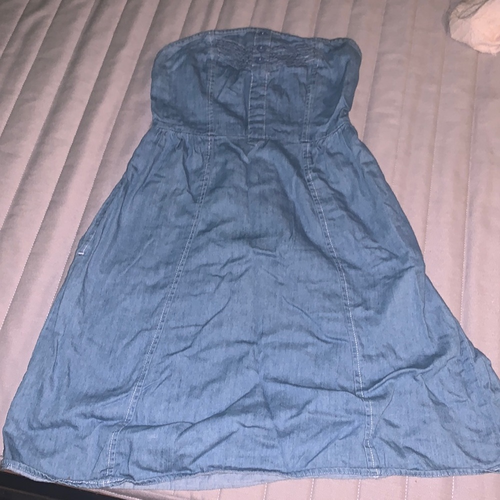 strapless faux denim dress with pockets, stretchy cotton size xs (2-4)